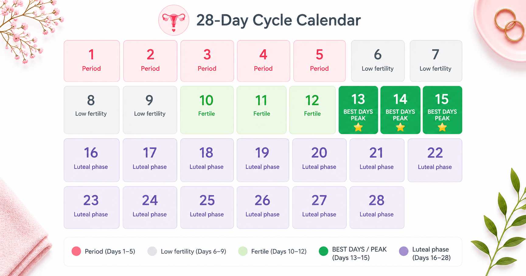 Best time to get pregnant — cycle calendar showing fertile window peak days
