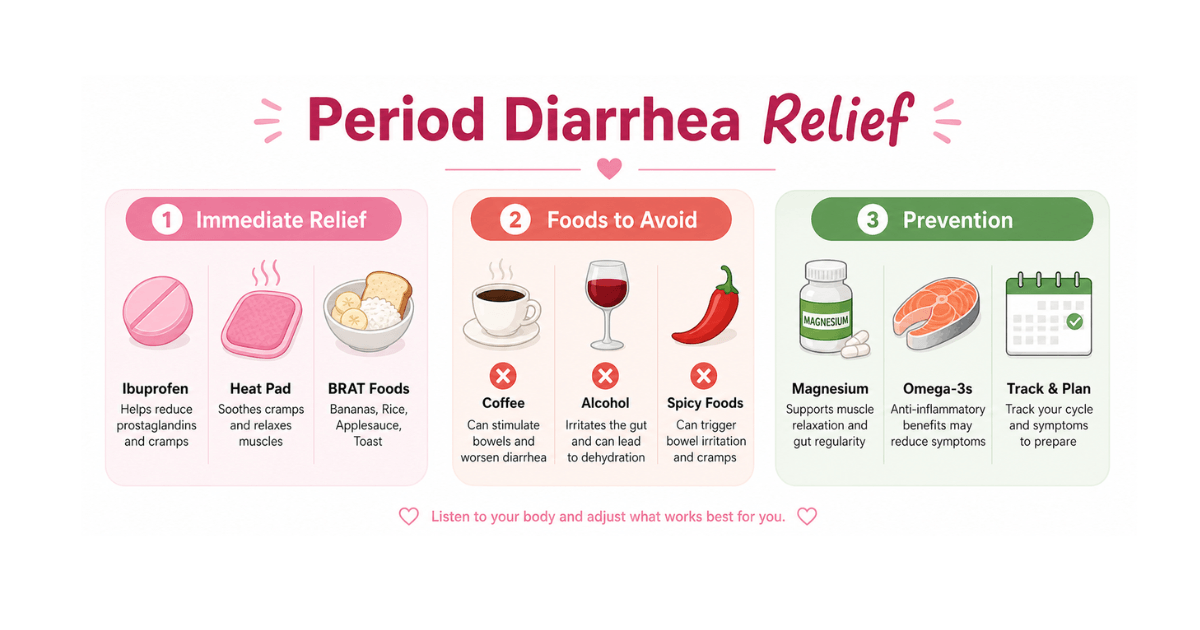 Visual guide showing dietary and lifestyle strategies to prevent period diarrhea