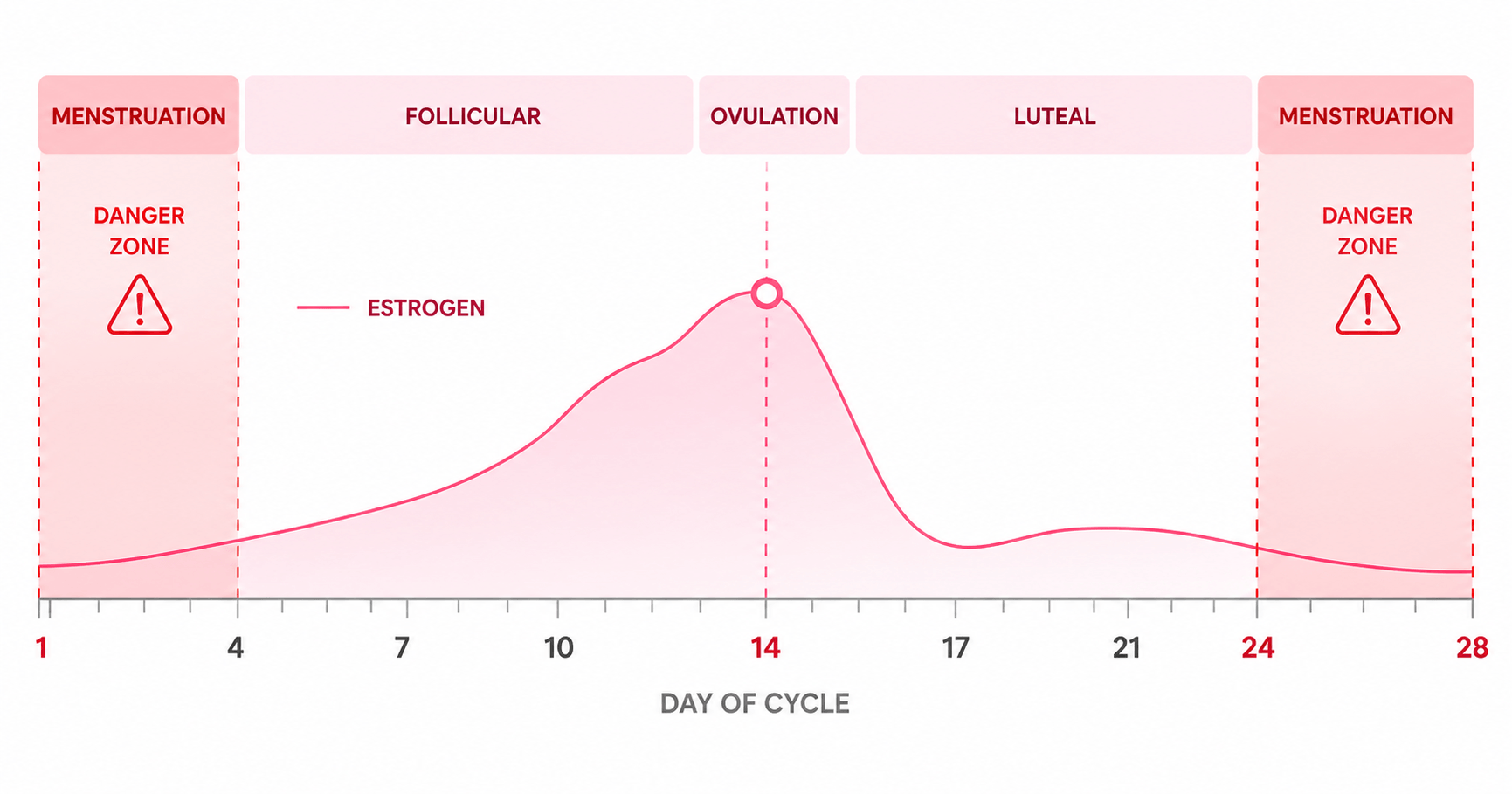 Infographic showing estrogen and progesterone curves across 28-day cycle with headache risk zones highlighted