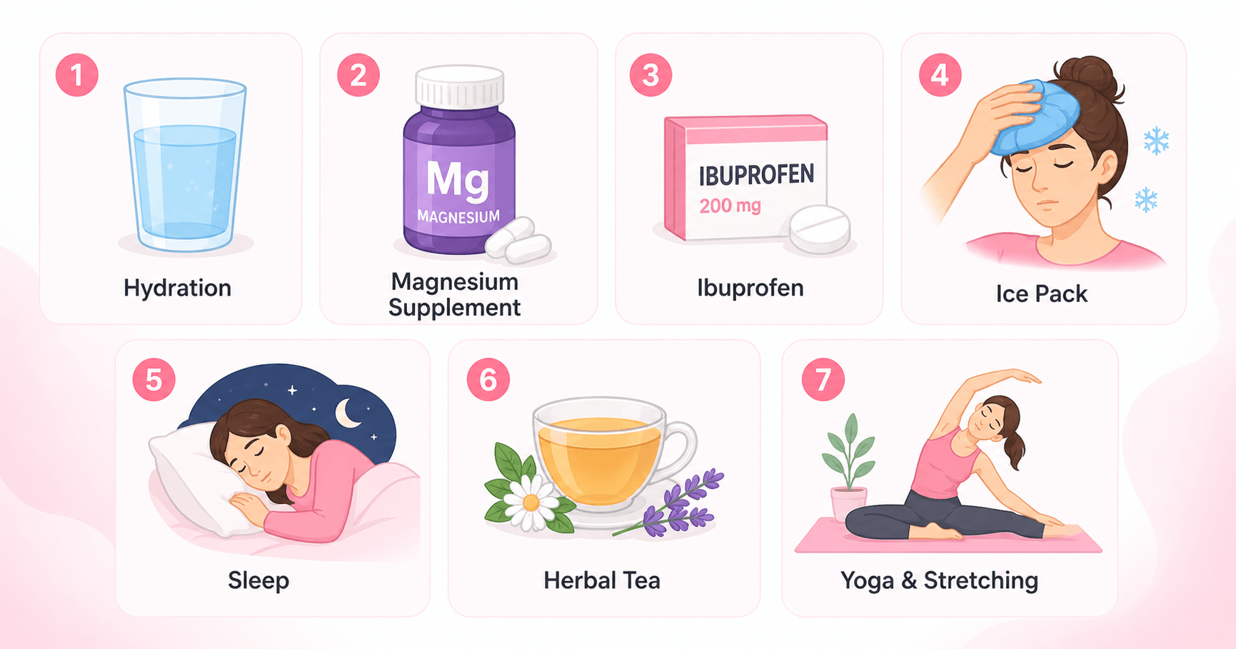 Infographic showing 7 evidence-based remedies for period headaches including magnesium and NSAIDs