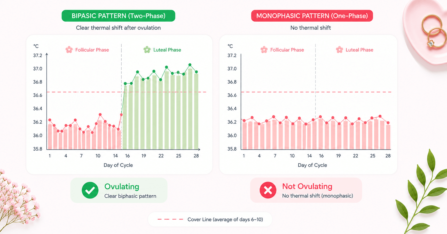 Signs of anovulation — BBT chart showing flat monophasic temperature pattern indicating no ovulation