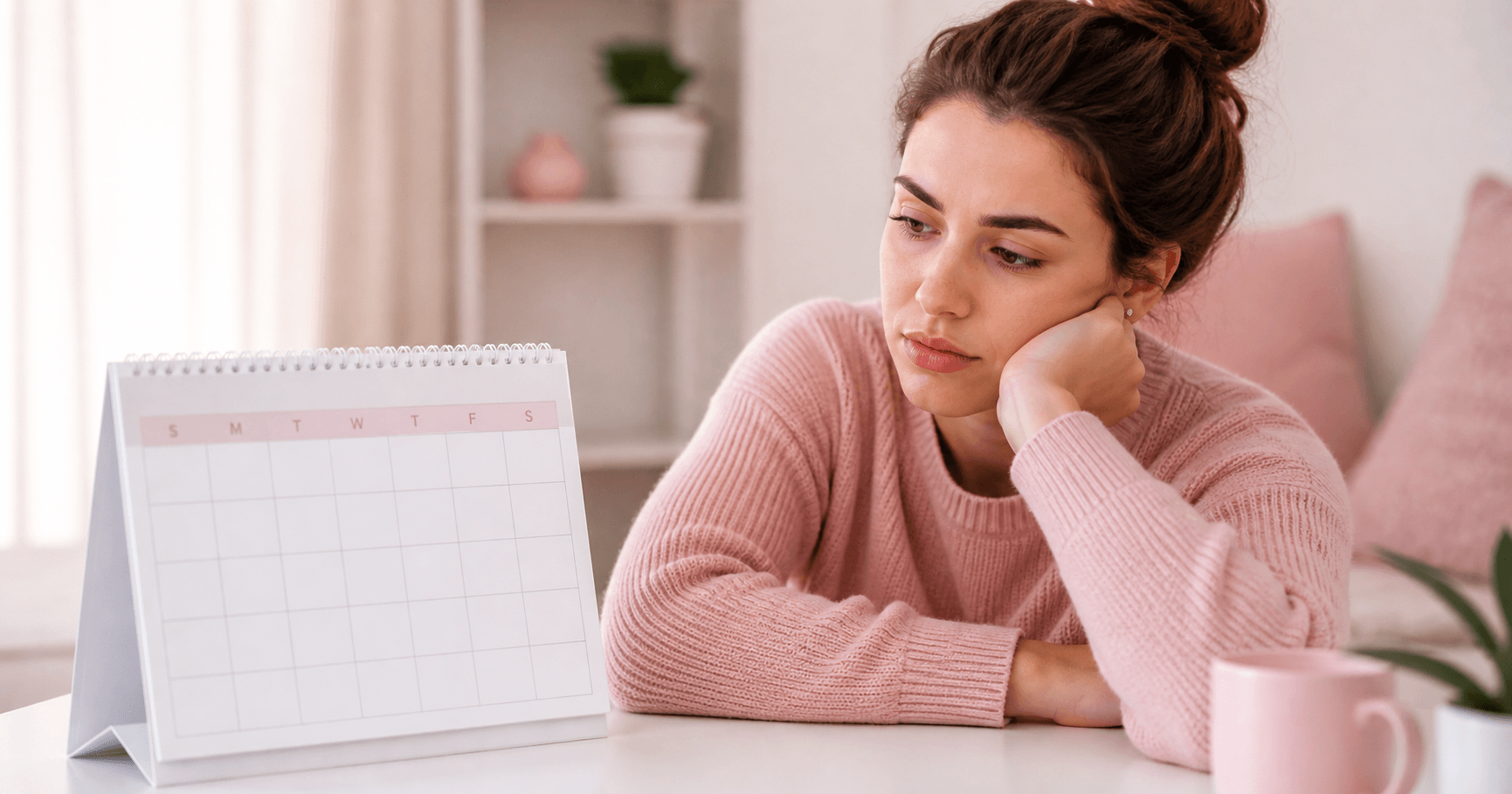Woman looking at blank calendar pages with no period marked