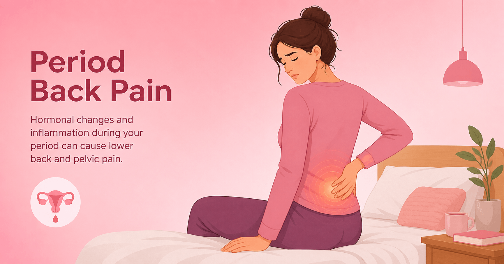 Woman holding lower back in discomfort during her period — illustrated