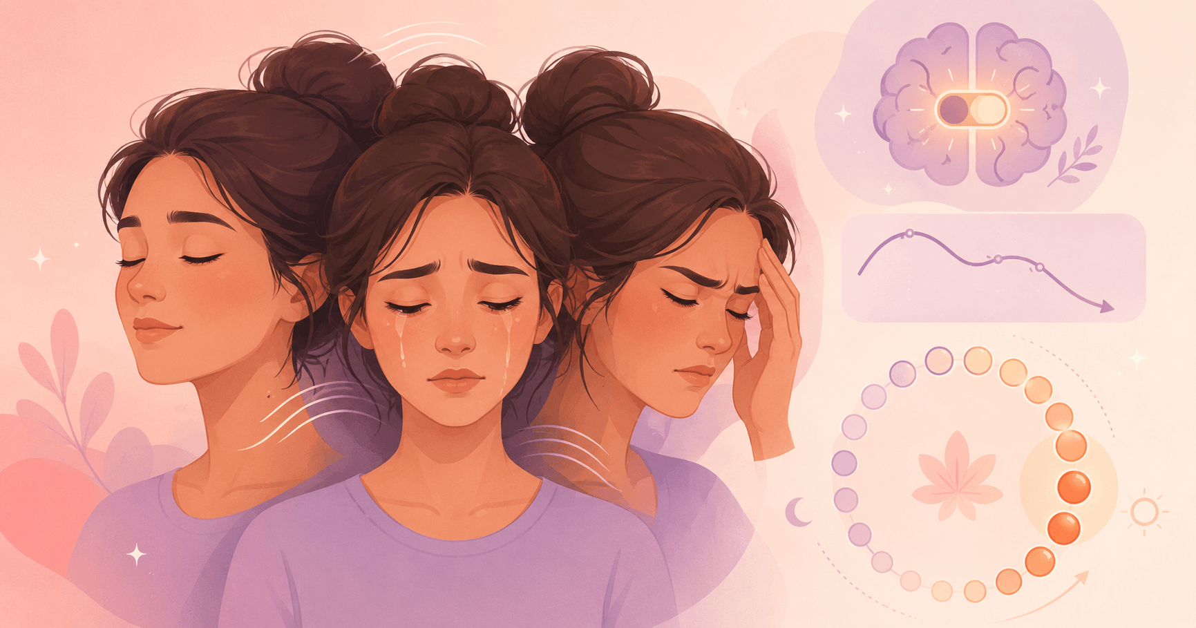 Period mood swings - woman experiencing shifting emotions with a cycle mood timeline